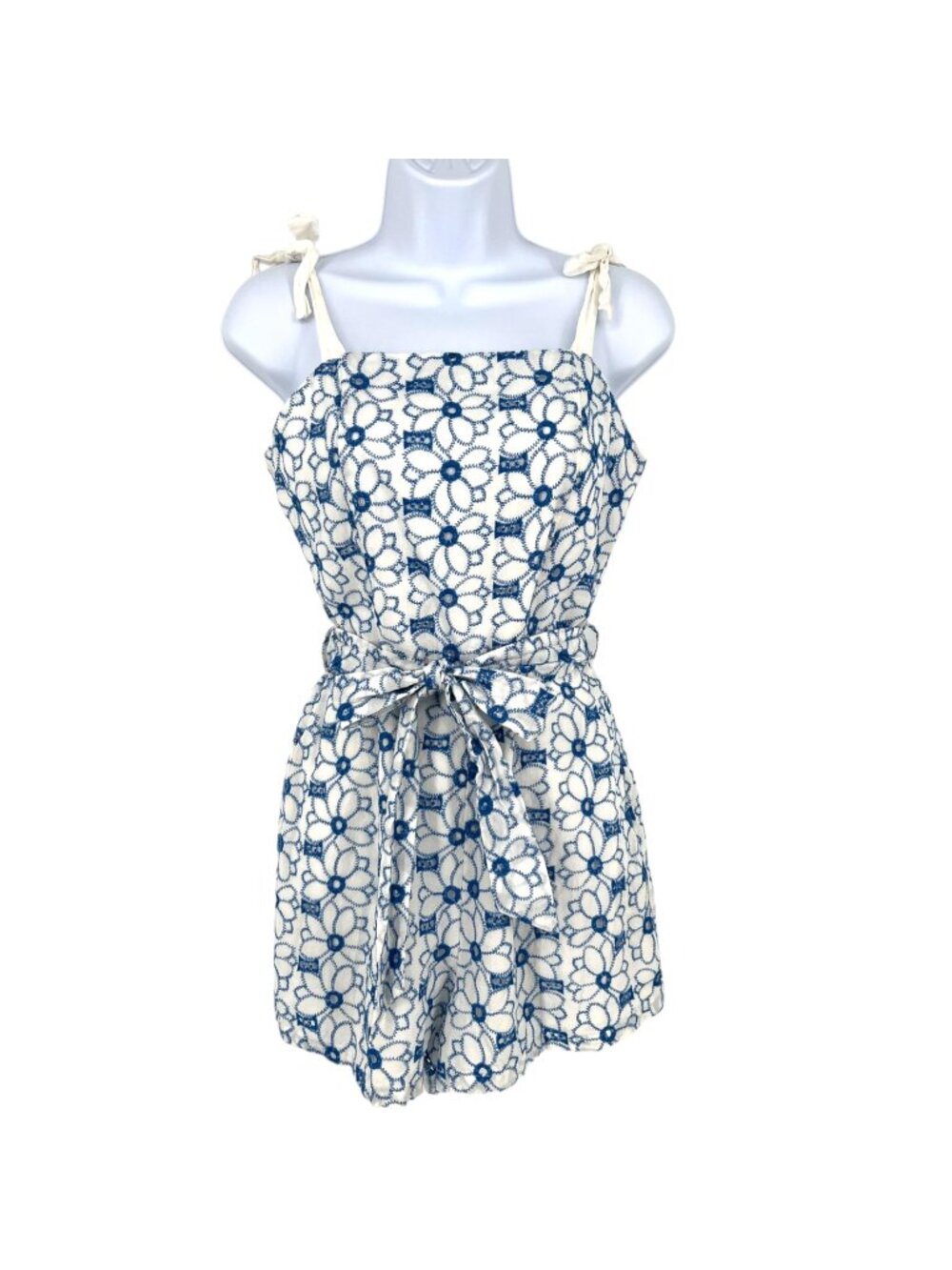 Miami Eyelet Blue White Floral Lace Tie-Strap Romper Size Medium